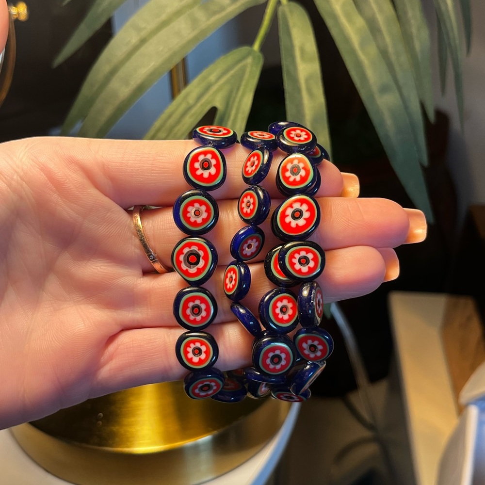 Vintage Millefiori Floral Bead Bracelet - Bold Red, White & Blue